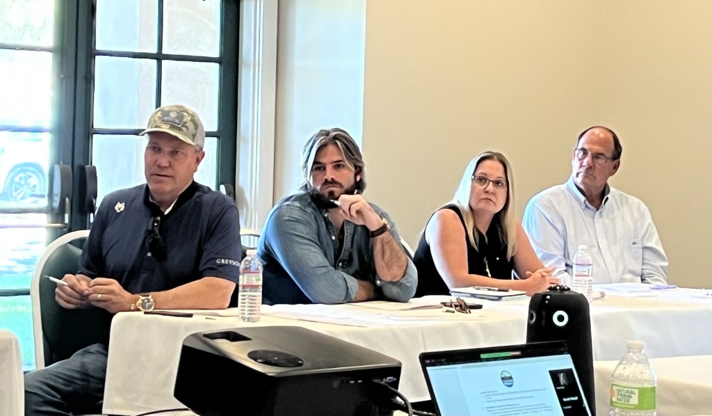 Image of board members, three men and one woman, facing left as they listen to a Pleasant Valley GSA presentation 